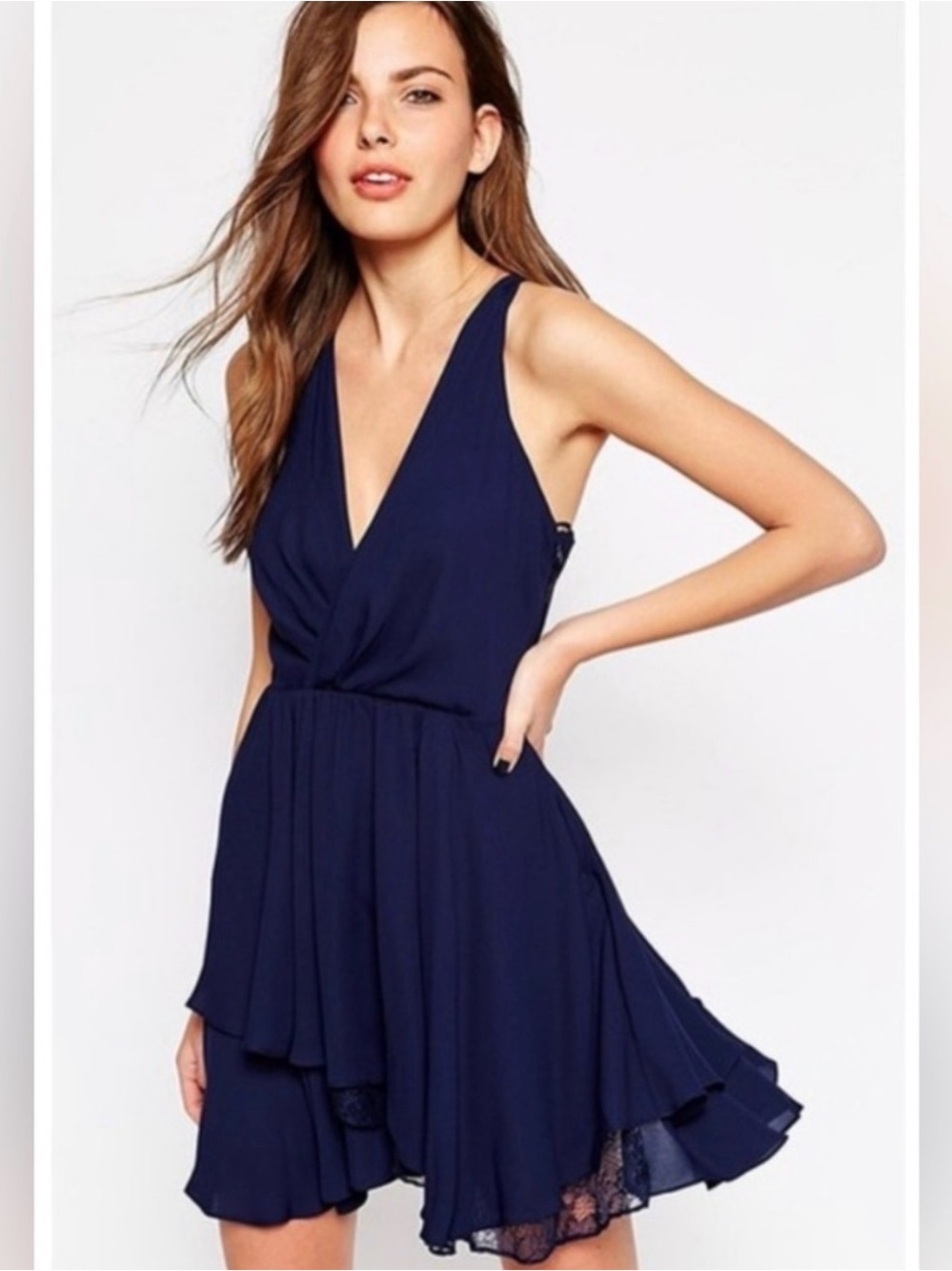 BCBGeneration Navy Racerback Lace Tiered Cocktail Dress Size 2